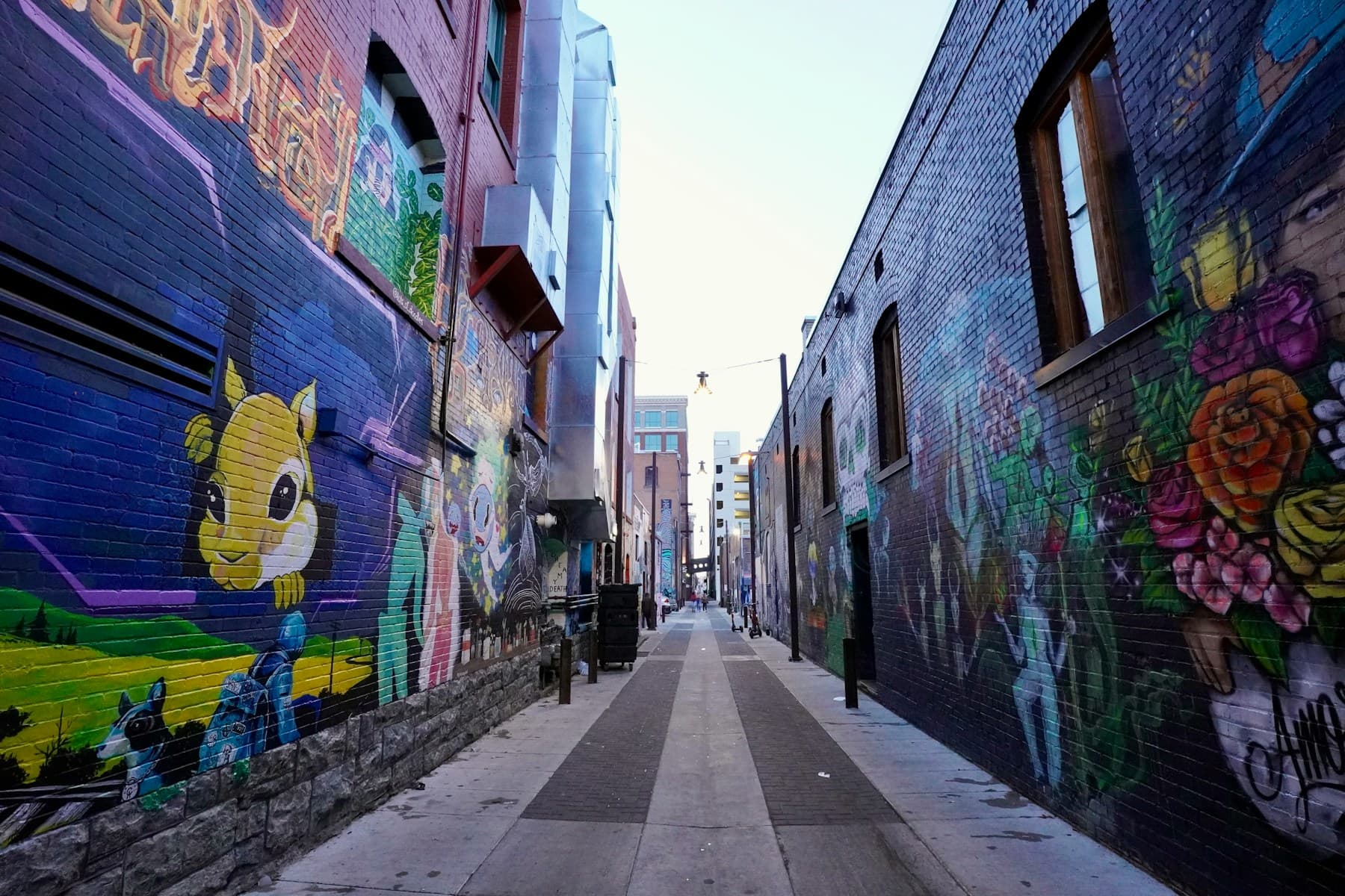 Freak Alley Gallery in downtown Boise with graffiti murals on brick walls